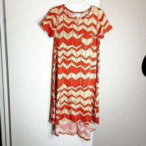 LULAROE Knit, Red/Beige Chevron Flare Hi-Low Dress; Short Sleeves; Size XXS